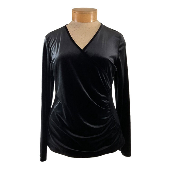 Jon Den XL Women's Black Velvet Top Side Ruching V-Neck Made in USA - Picture 11 of 11